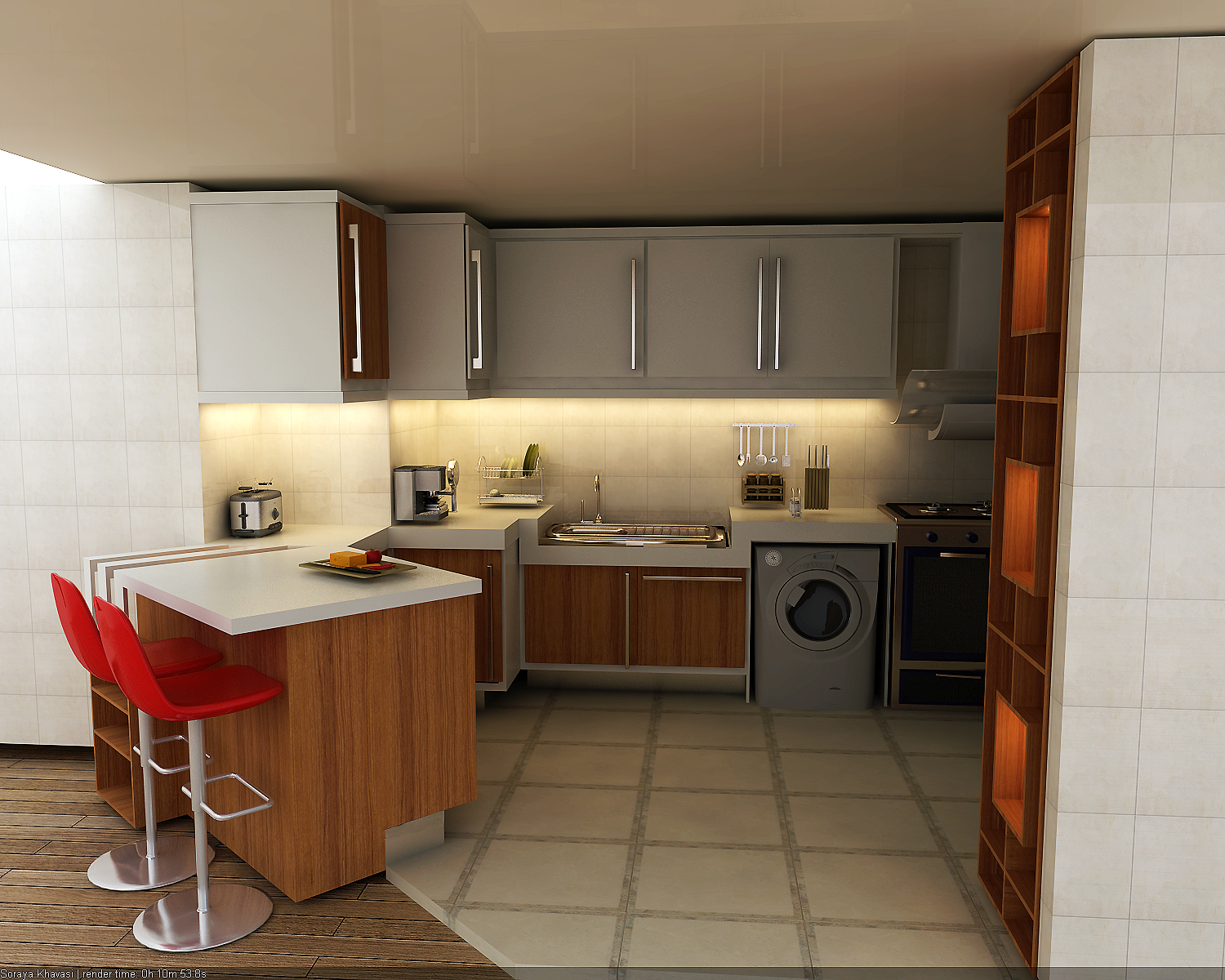 Kitchen render — three-quarter view showing counter and island relationship