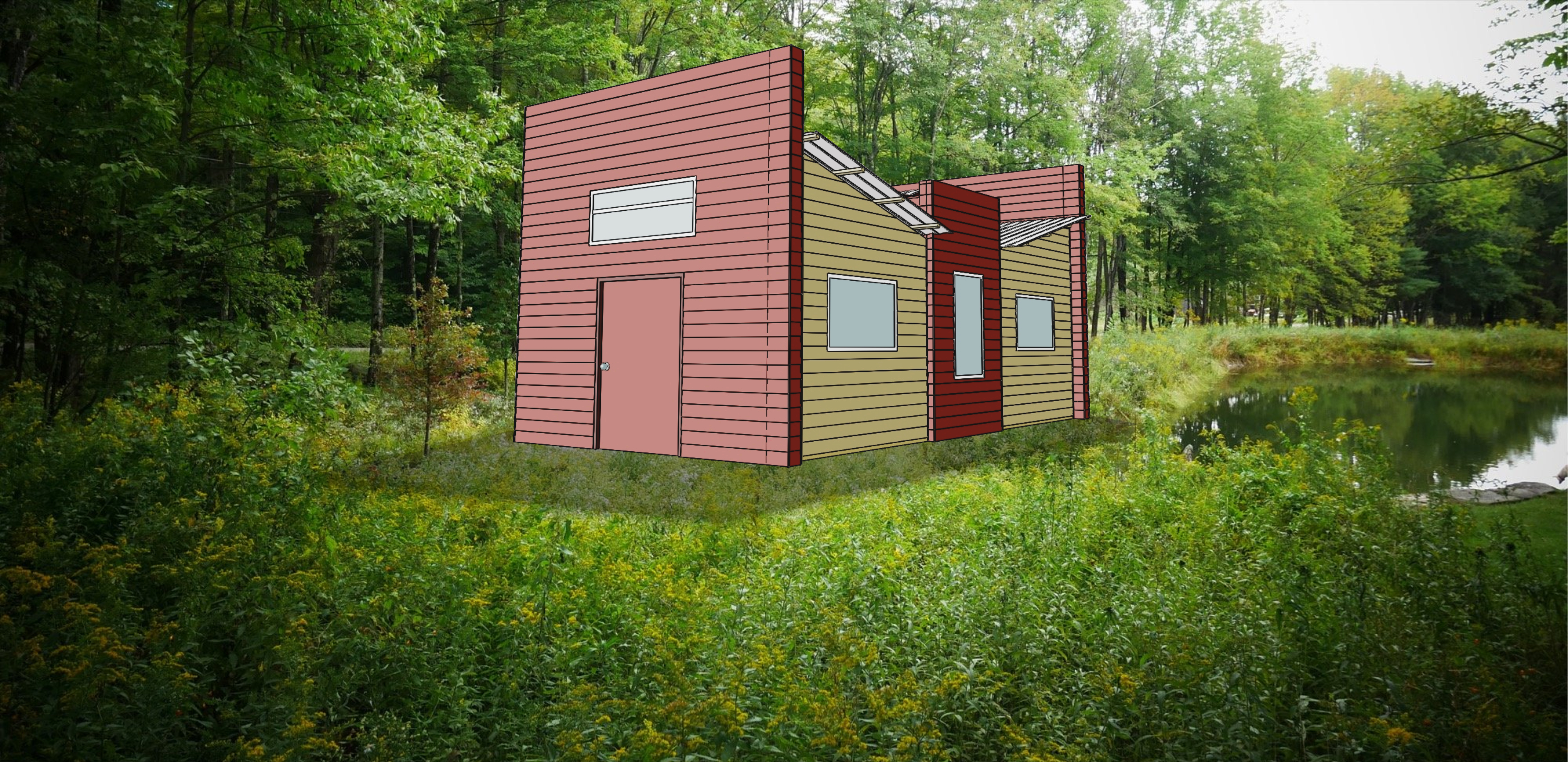Roadside Rest Complex — 3D render of modular units in arid landscape
