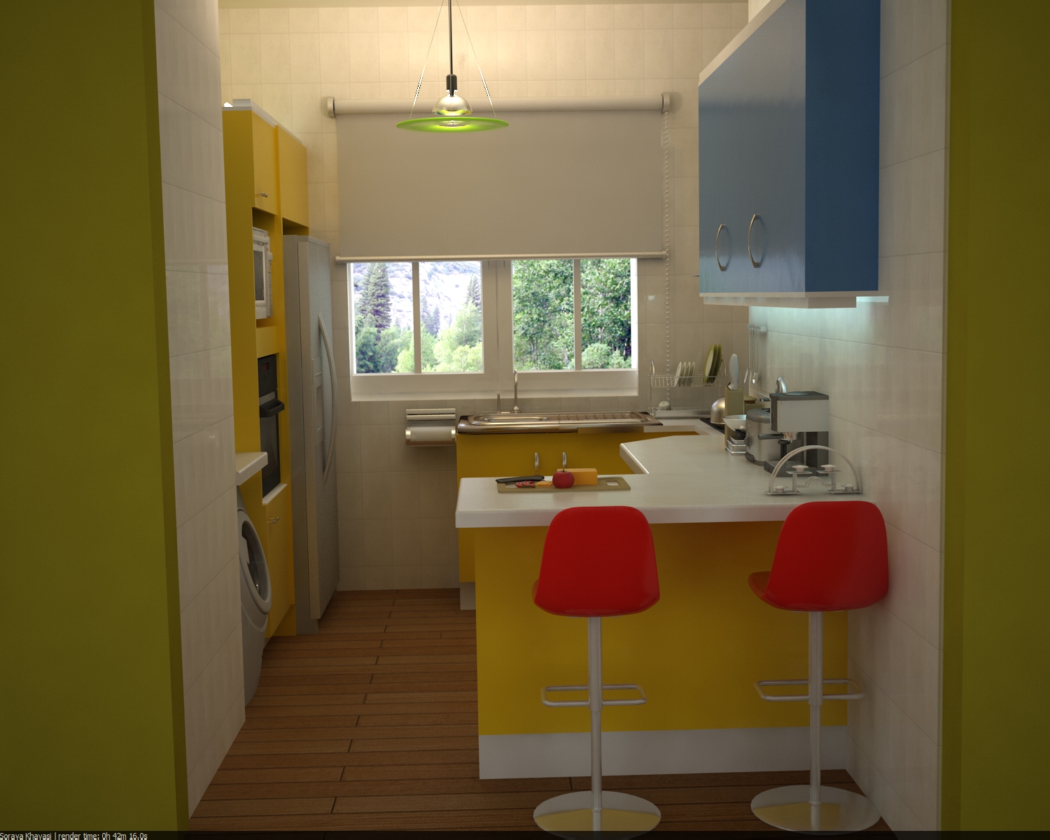 Mumbai kitchen — yellow cabinets, blue uppers, island with red bar stools, garden window