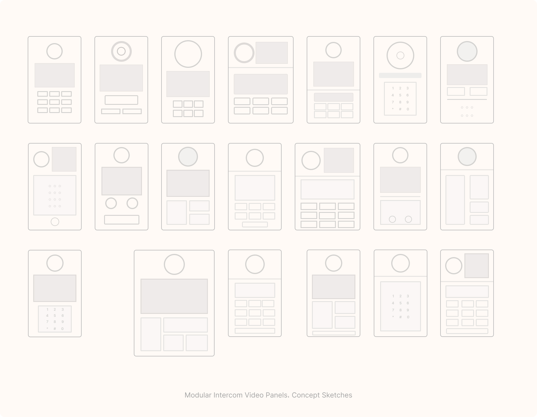 Modular intercom video panel concept sketches, dozens of thumbnail configurations