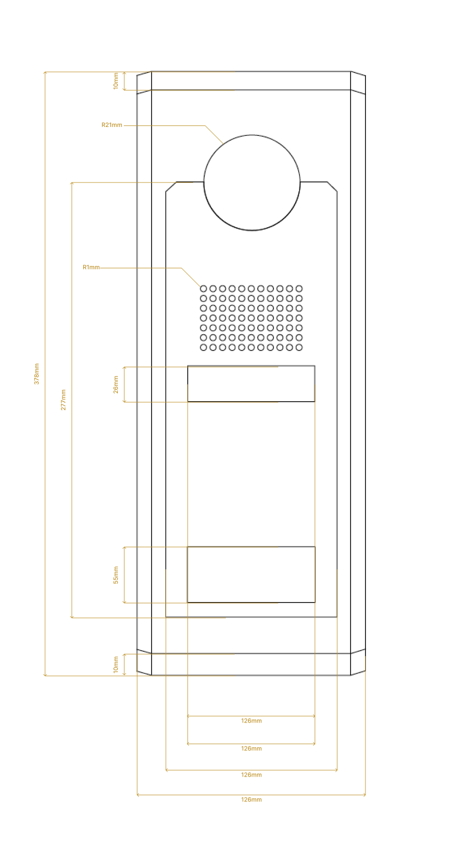 Coding panel technical drawing, dimensioned front elevation