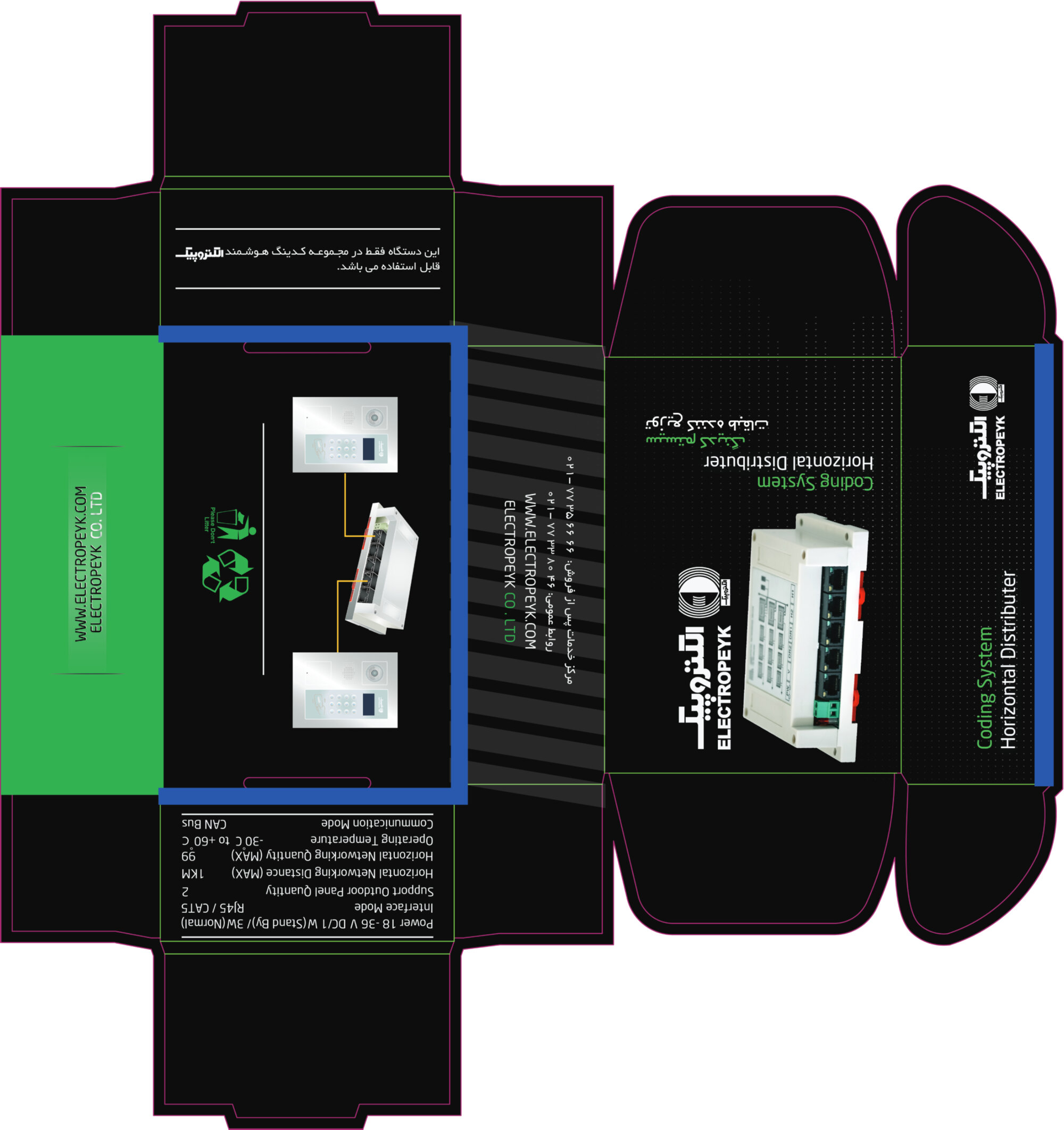 Die-line unfold of the Horizontal Distributer box, blue edge trim