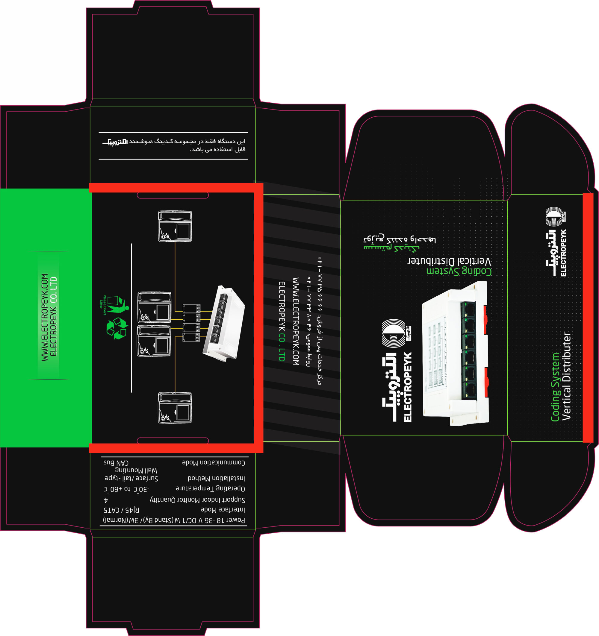Die-line unfold of the Vertical Distributer box, red edge trim