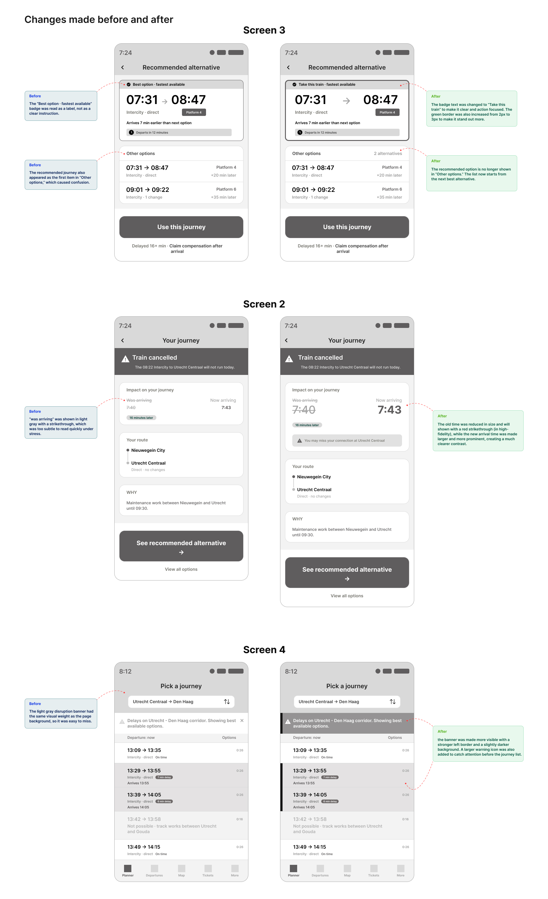 Clear Path before and after comparison for screens 2, 3, and 4 following usability testing