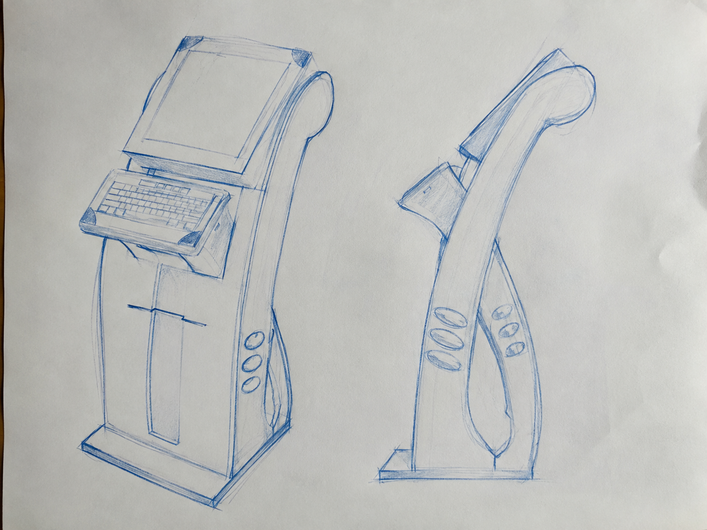 Early concept sketches, a boxy body with a flip-up screen and keyboard shelf, and a sculptural curved form with a row of oval buttons