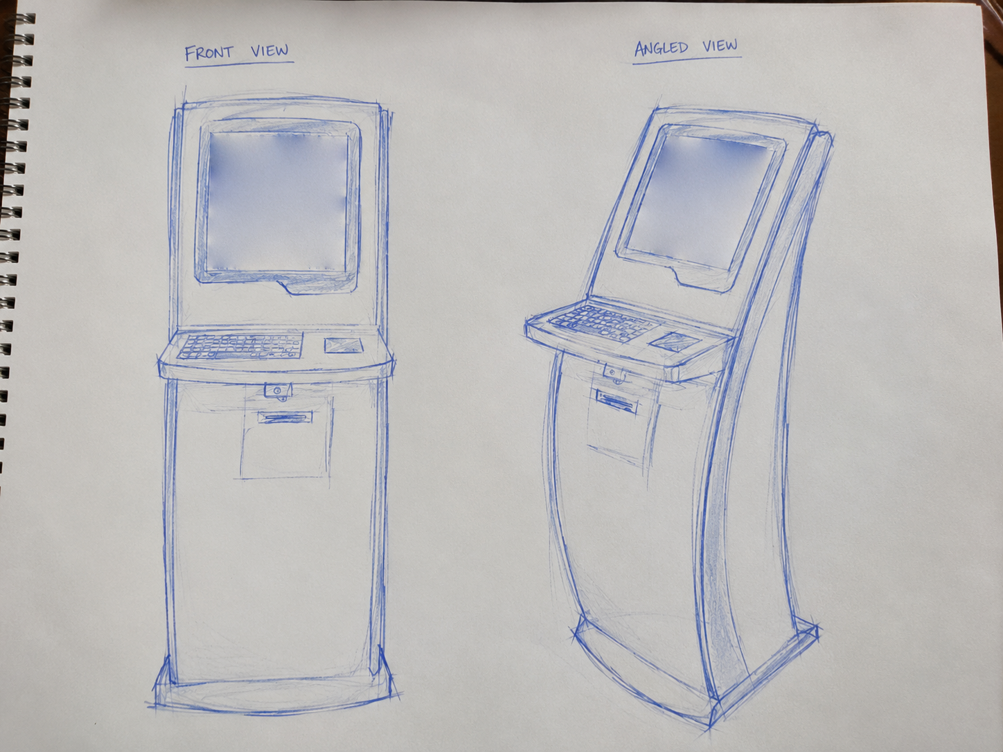 Concept sketches in three views, front and angled, back view with locking service door, and angled view with the door open showing internal shelving