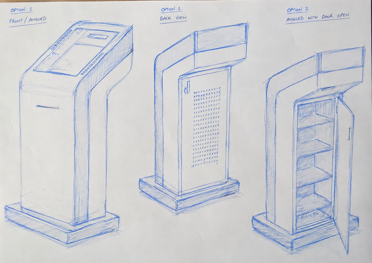 Concept sketches in front and angled views, with a physical keyboard, trackpad, and a browser-style interface mockup on screen