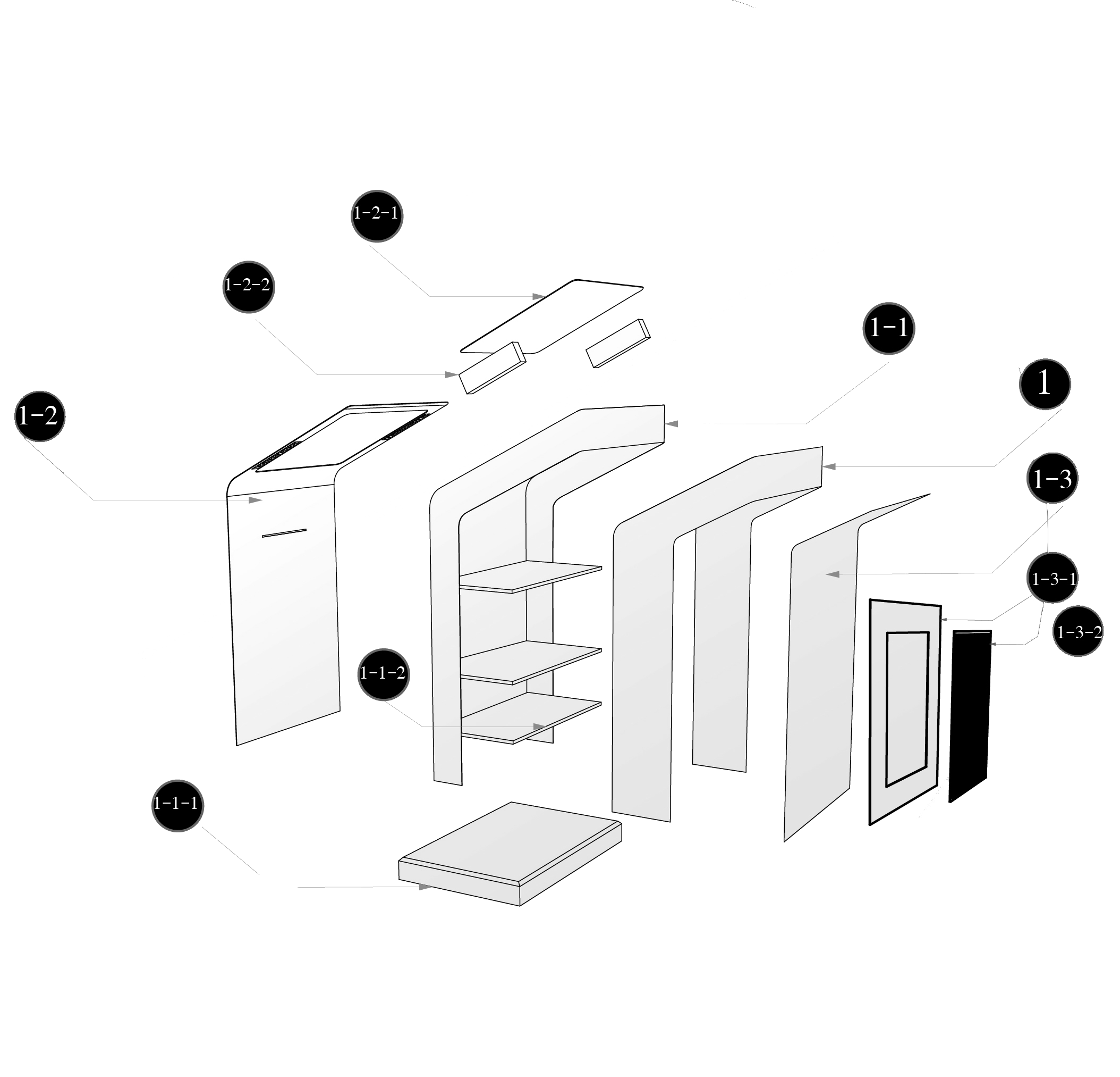 Exploded-view technical drawing of the kiosk, showing the back holder, side holder, base box, shelves, front and back surfaces, monitor cover, frame, and perforated metal net separated apart