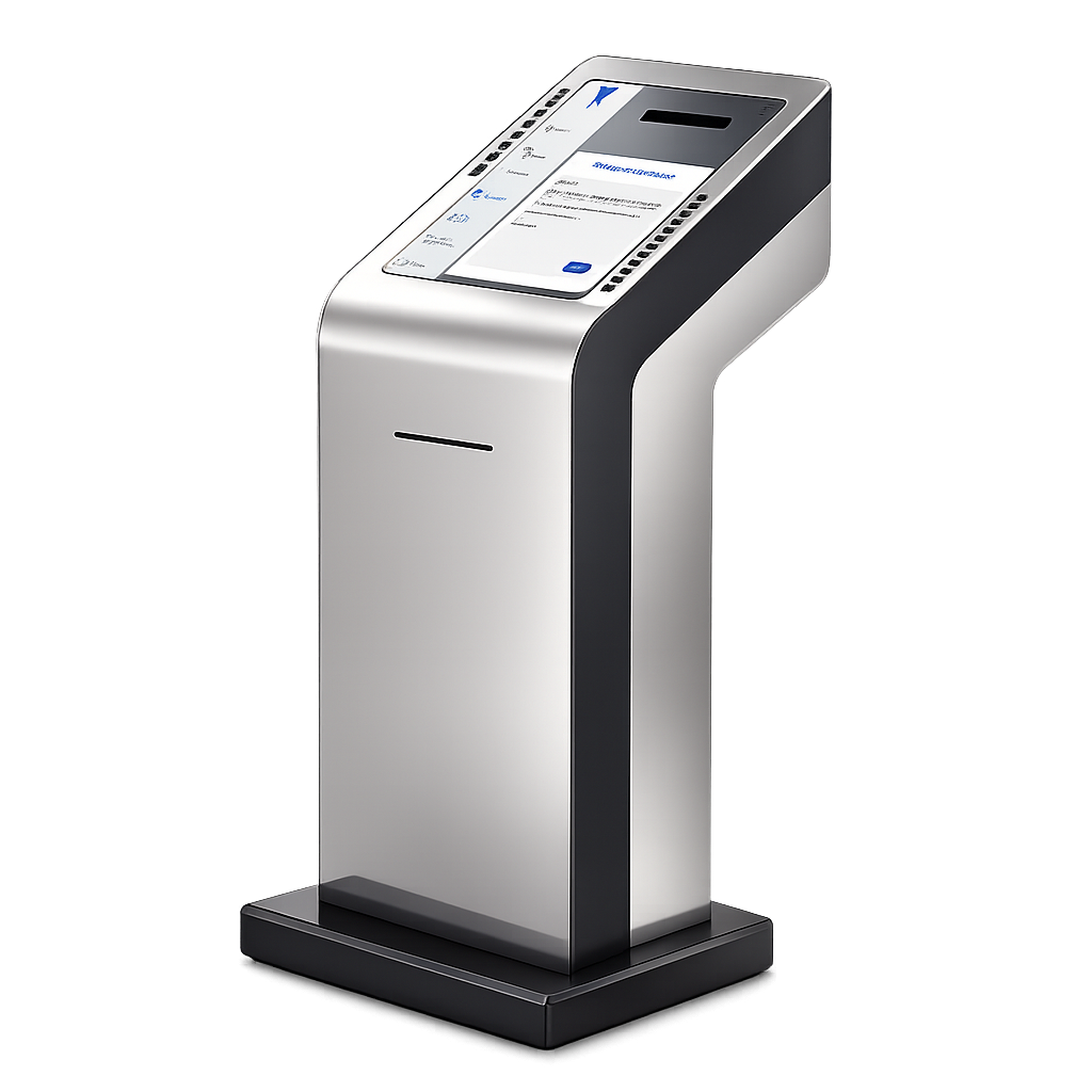 Selected concept, angled kiosk chassis with screen leaning toward the user