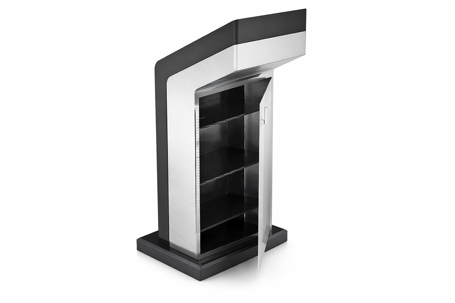 Kiosk rear service door, open, revealing internal shelving for the computing hardware