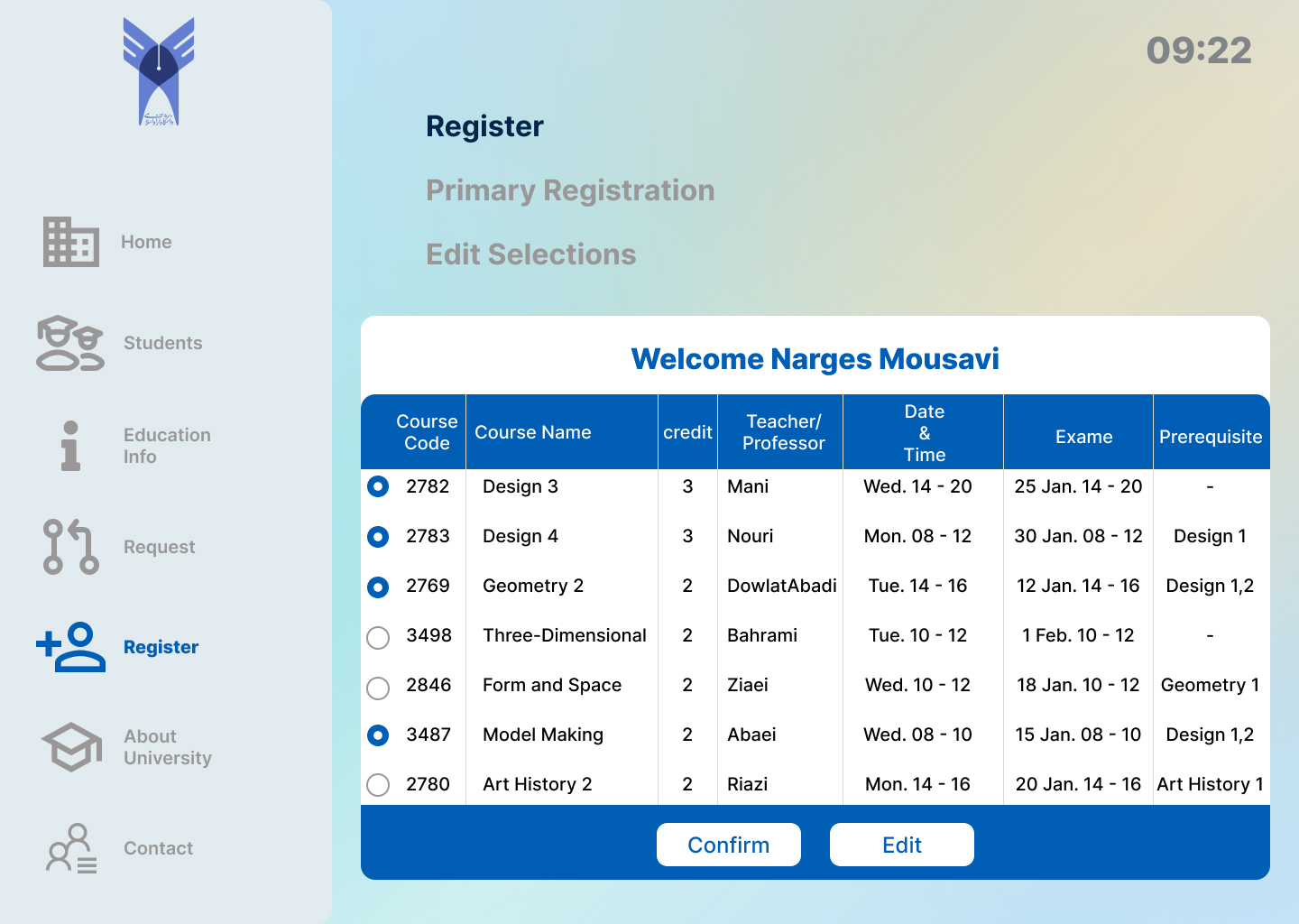 Register screen, course selection and confirmation table