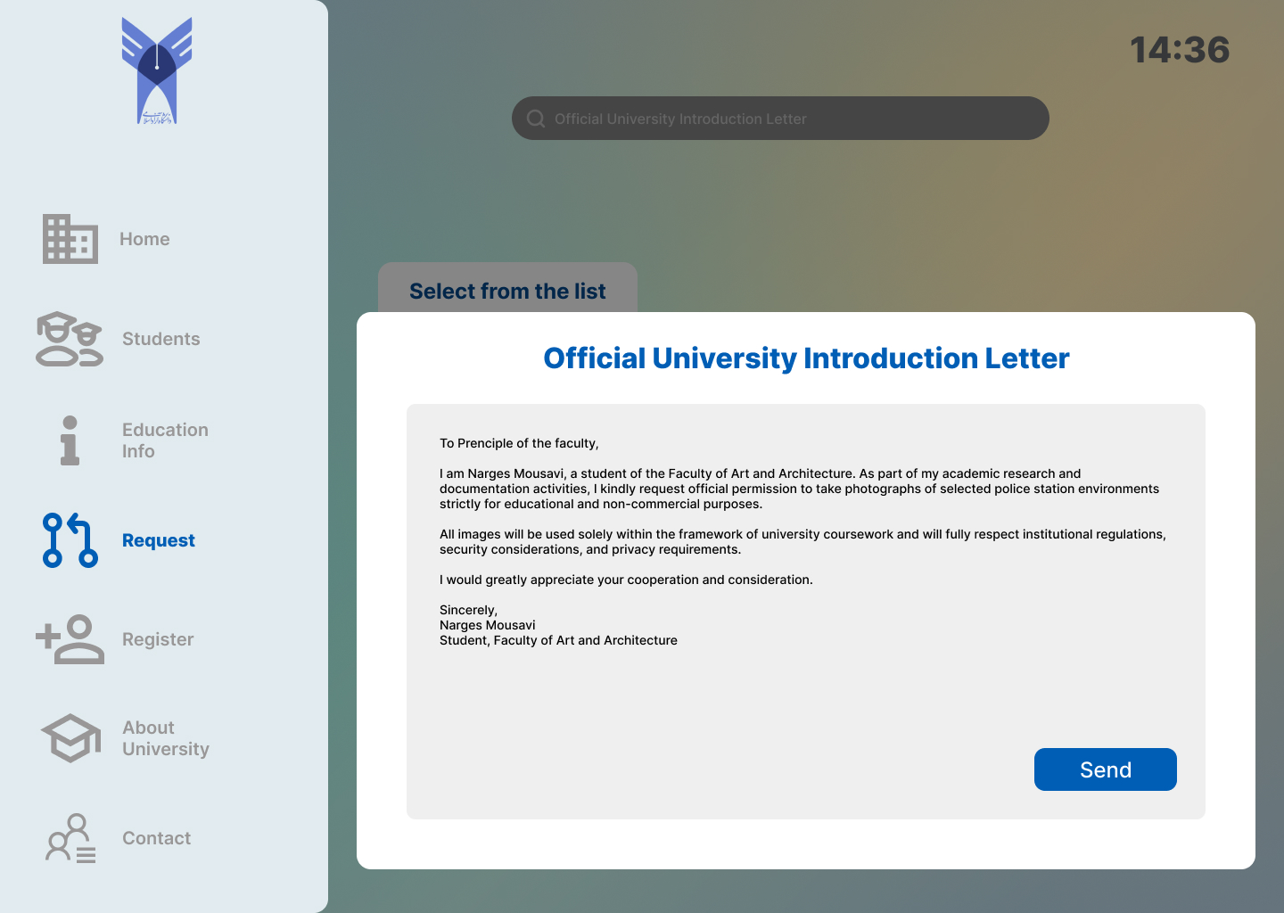 Request screen, official university introduction letter generator