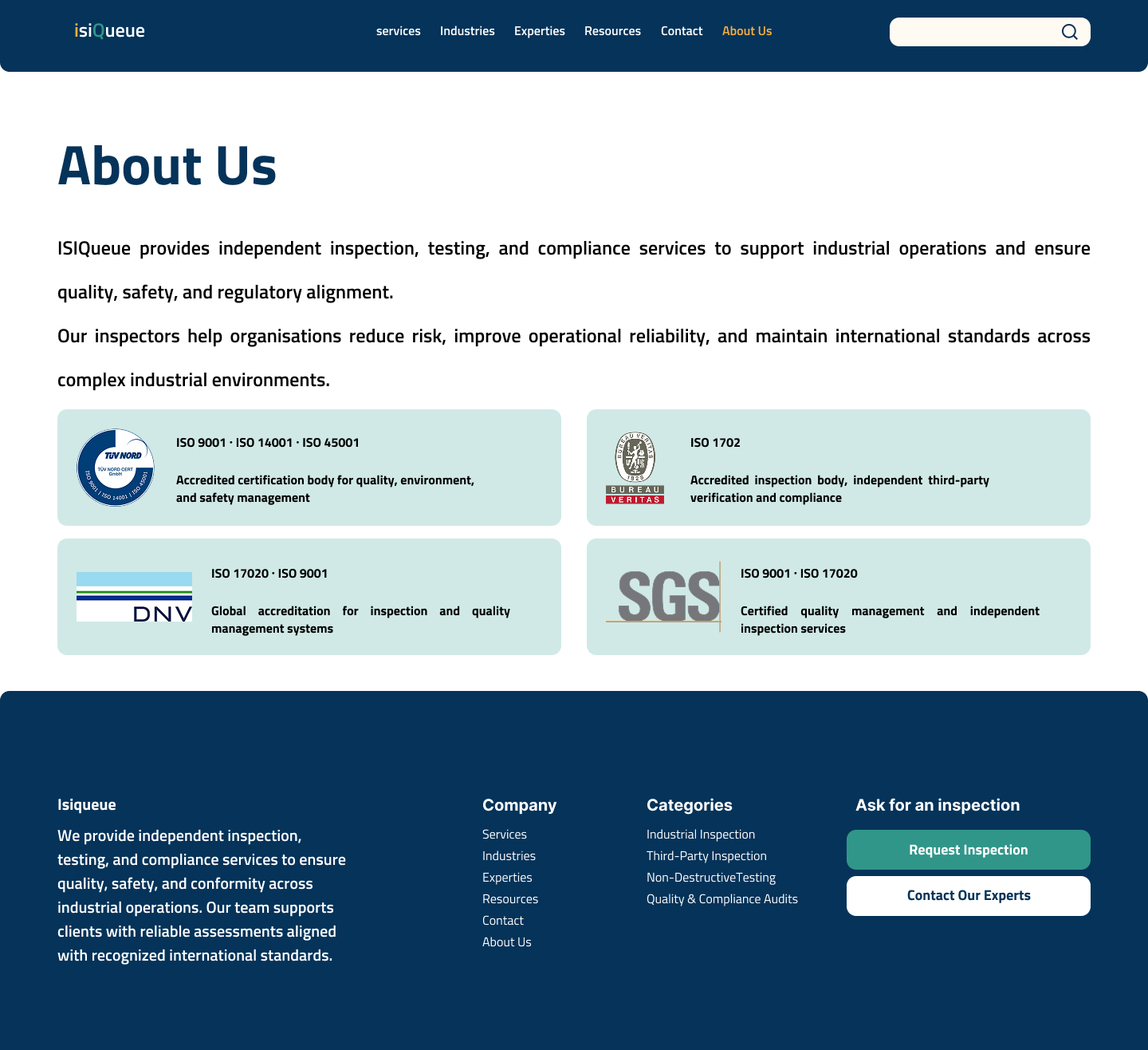 About Us page, desktop view, showing ISO 9001, ISO 14001, ISO 45001, ISO 1702, ISO 17020, and SGS certification cards with descriptions