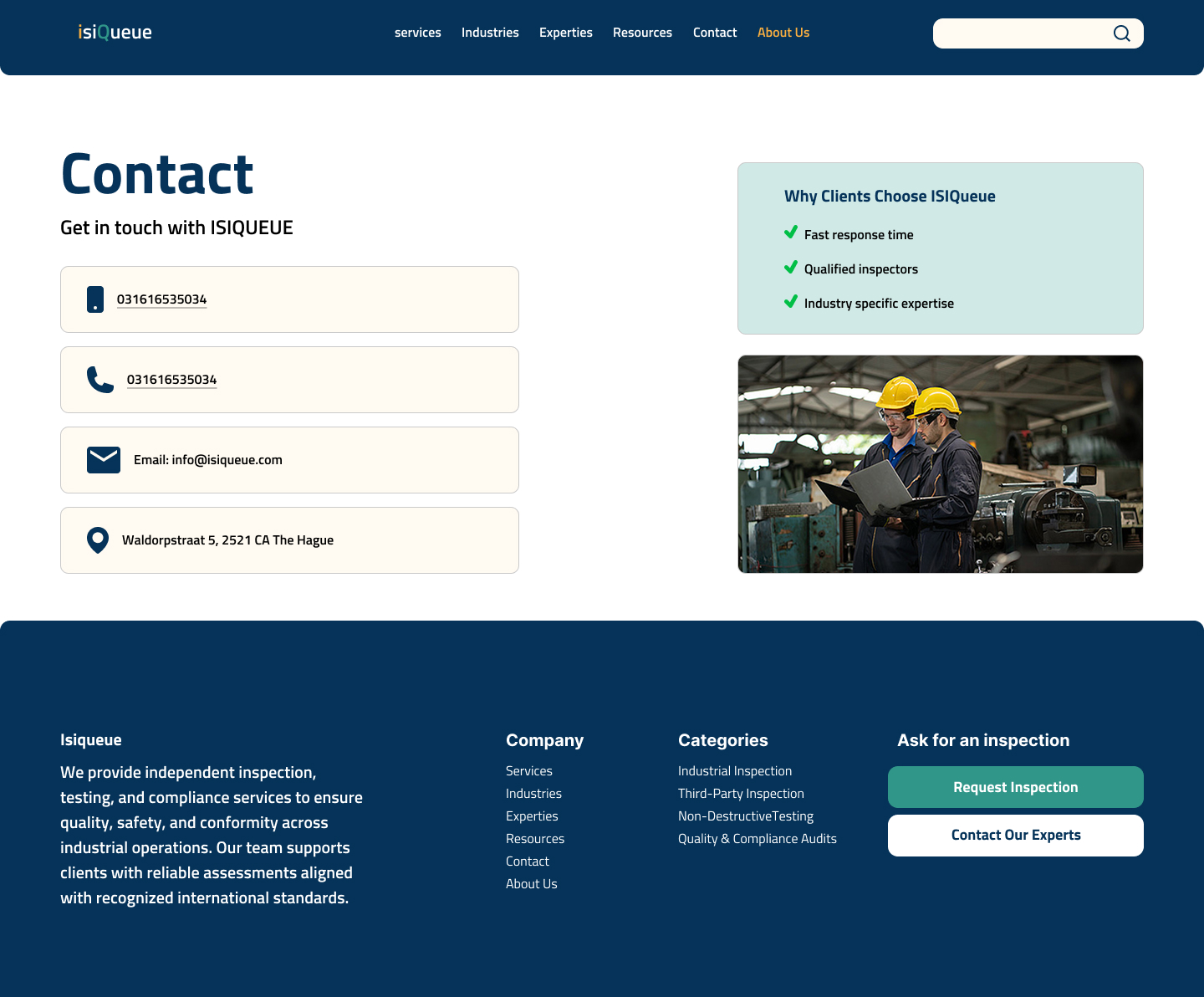 Contact page, desktop view, with phone, email, and address details, plus a Why Clients Choose ISIQueue panel