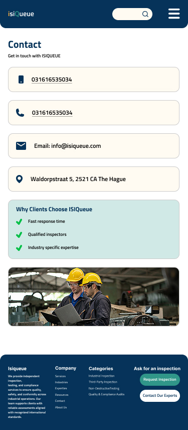 Contact page, mobile view