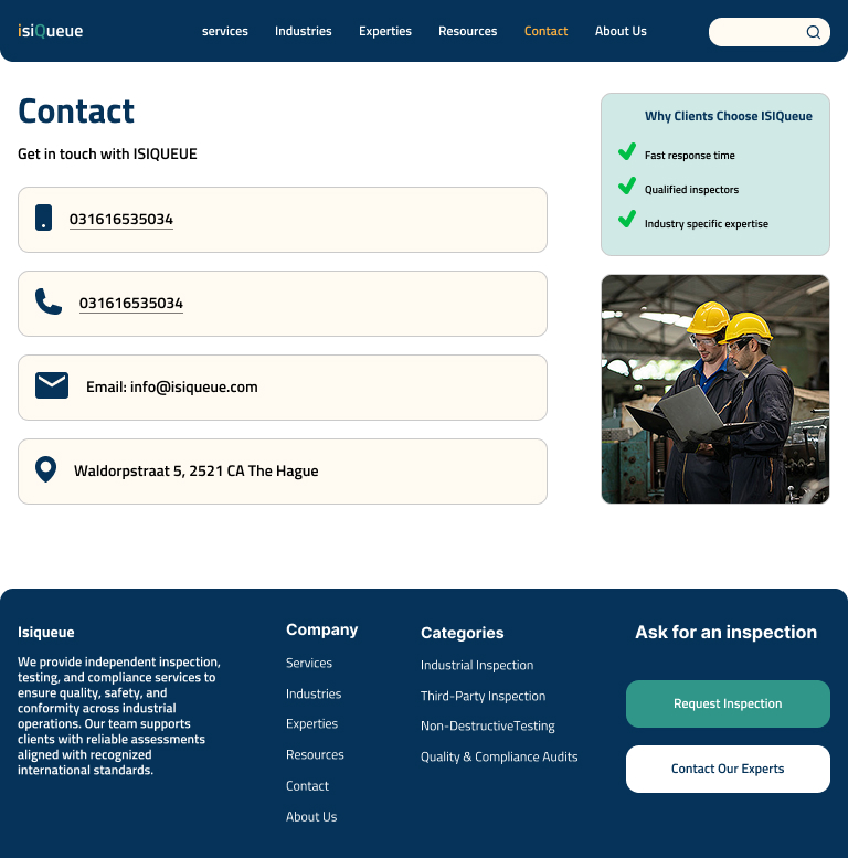 Contact page, tablet view