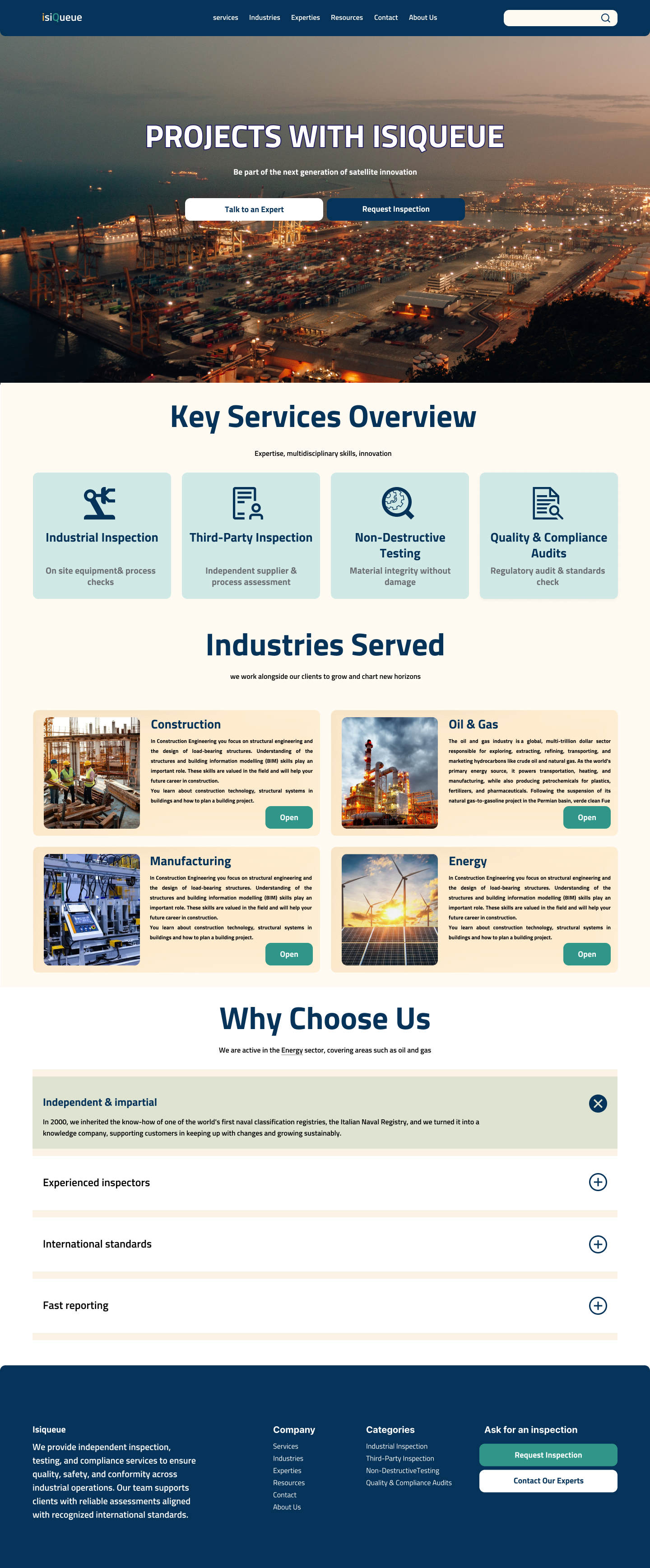 ISIQueue homepage, desktop view, hero, key services overview, industries served, why choose us, and footer