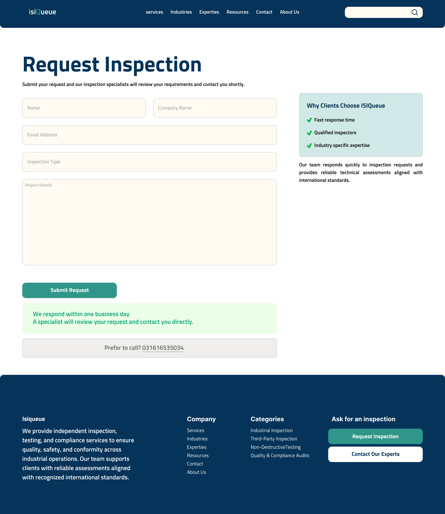 Request Inspection form, desktop view, with name, company name, email, inspection type, and project details fields, plus a Why Clients Choose ISIQueue panel
