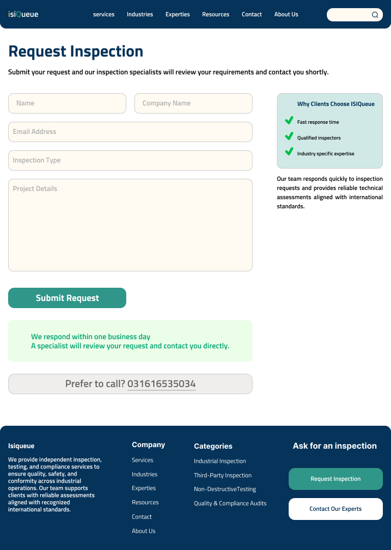 Request Inspection form, tablet view