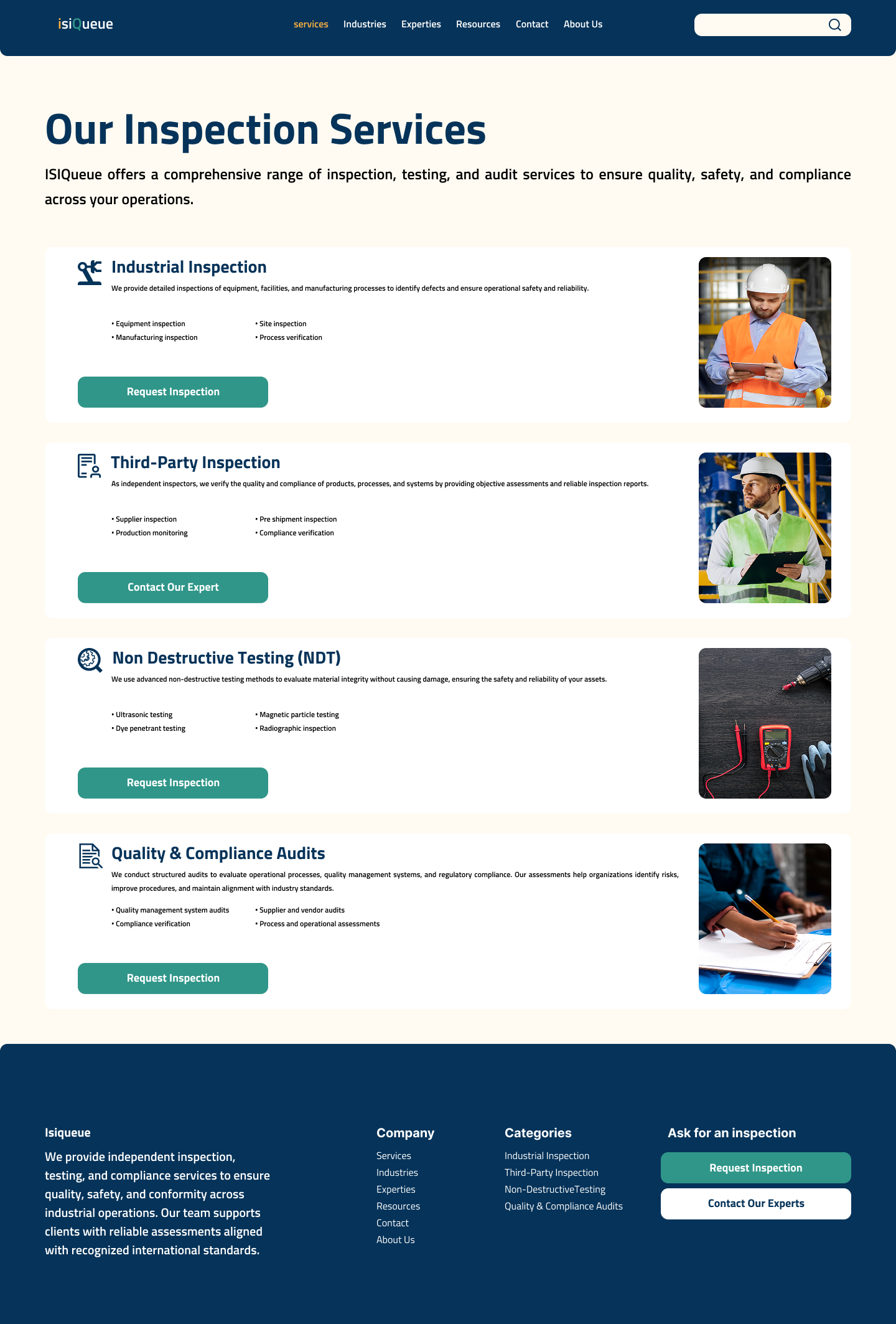 Our Inspection Services page, desktop view, Industrial Inspection, Third-Party Inspection, Non-Destructive Testing, and Quality and Compliance Audits