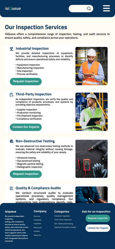 Our Inspection Services page, mobile view