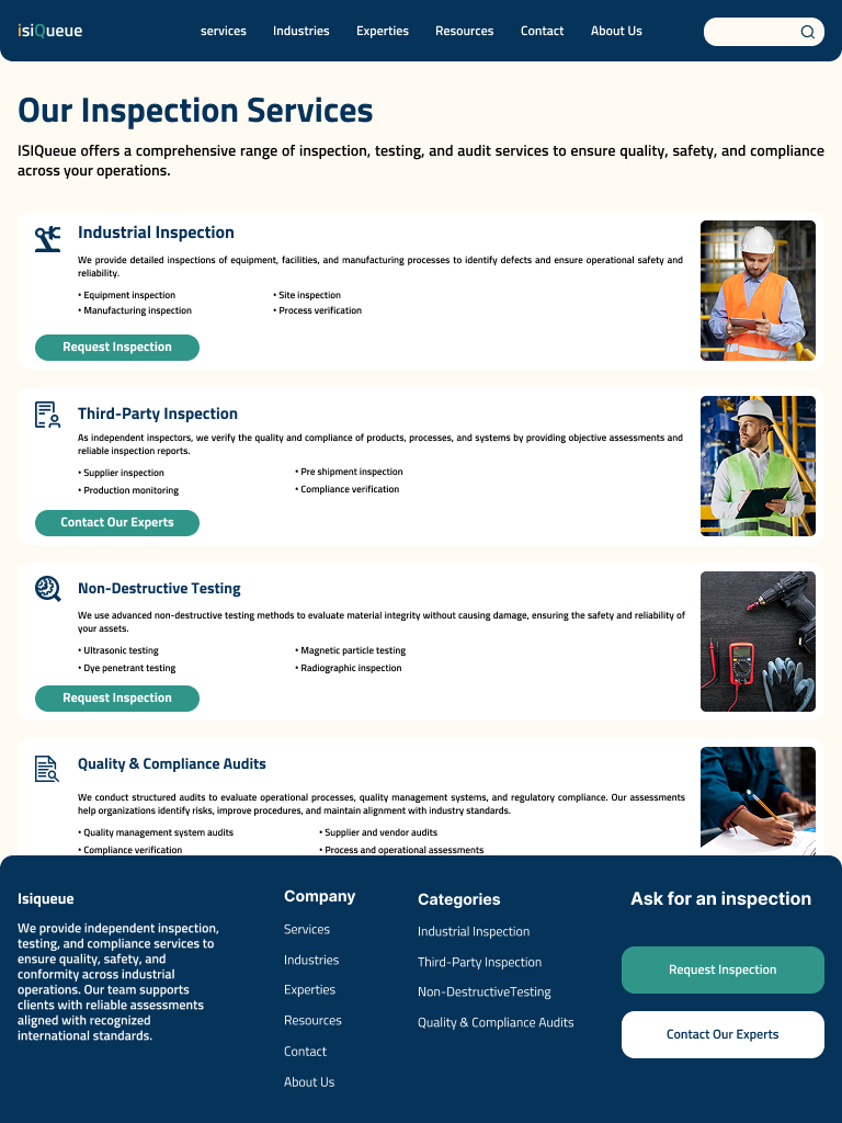 Our Inspection Services page, tablet view