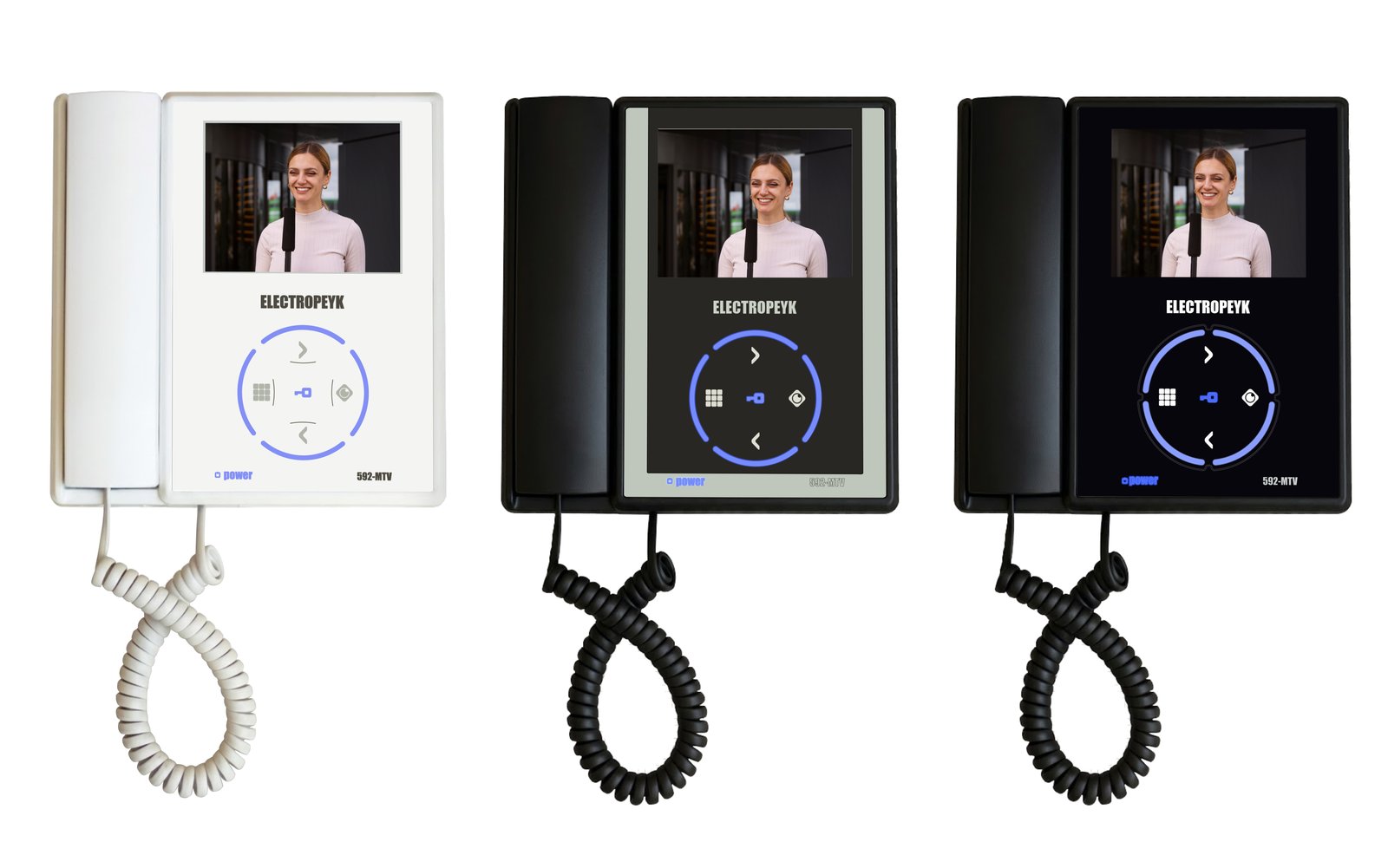 Video door phone fascia variant with a circular navigation ring, in white, black with a grey panel, and black