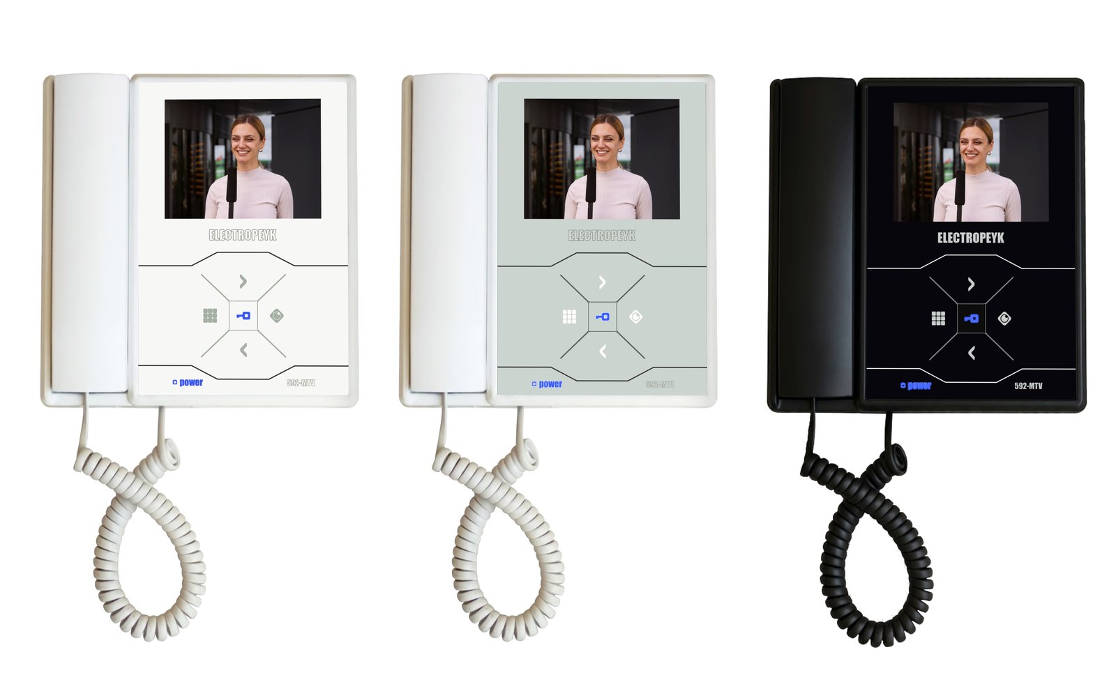 Video door phone fascia variant with a diamond-shaped button cluster, in white, grey, and black