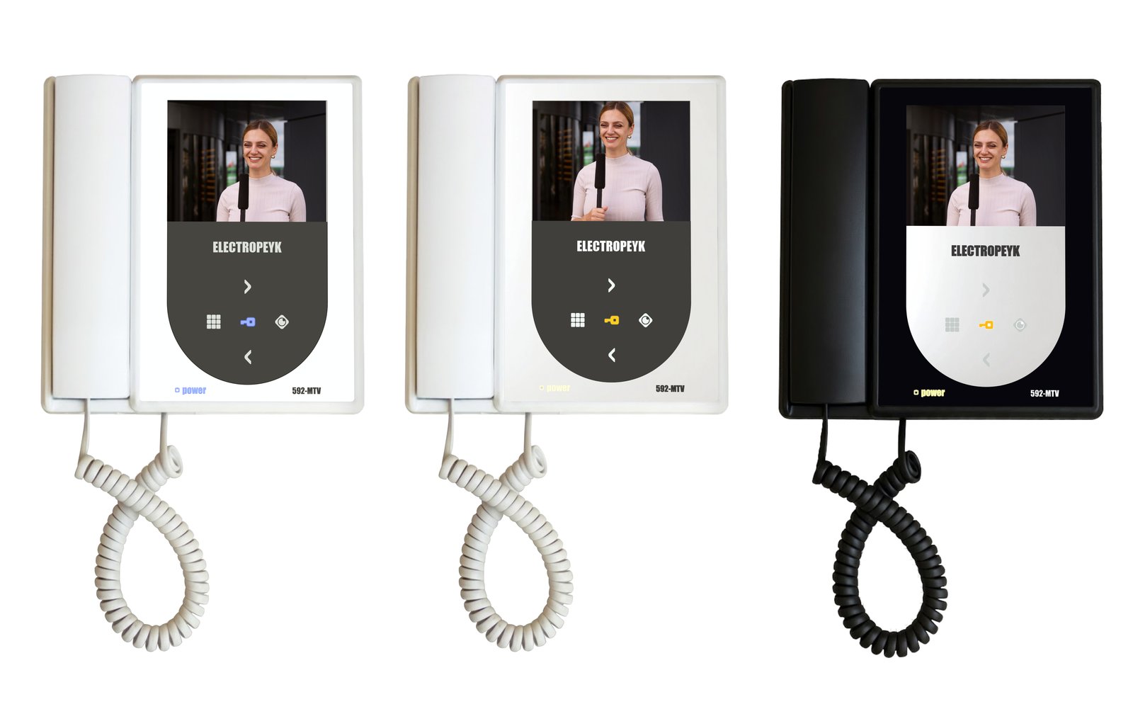 Video door phone fascia variant with a rounded shield panel framing the screen, in white, white with grey accent, and black