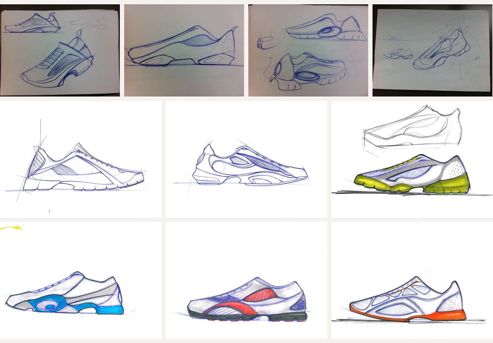 Design research sketches translating the horse's muscular curves into pen line studies and coloured shoe renders