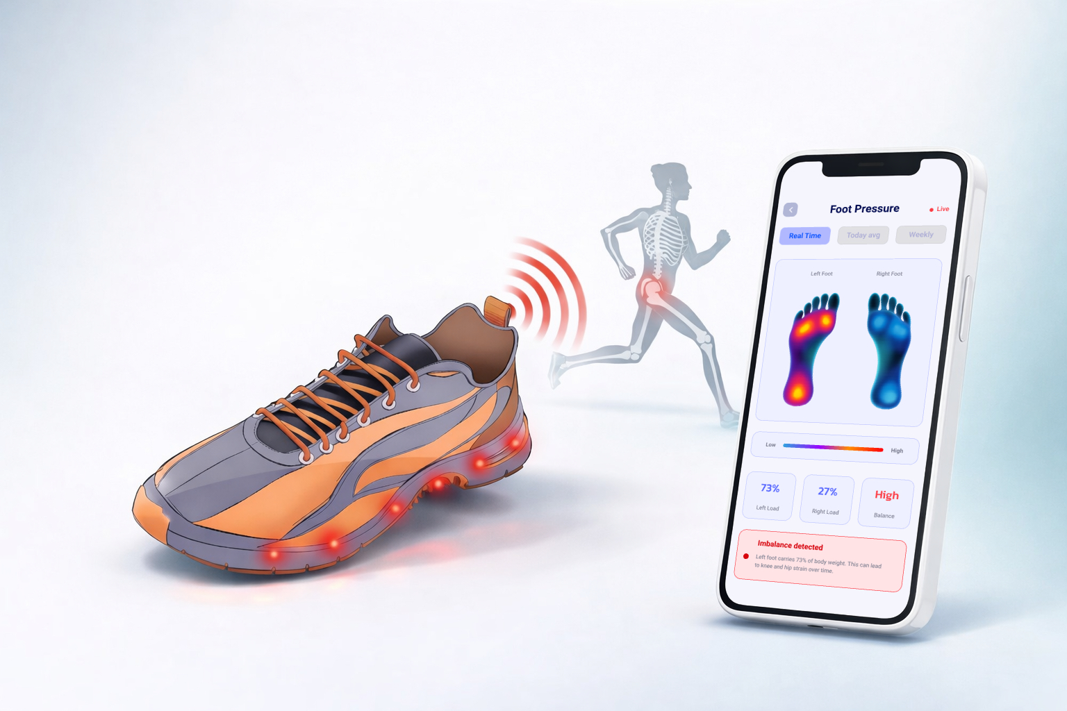 StepSense shoe with embedded pressure sensors alongside a runner and the mobile app's Foot Pressure screen showing a live imbalance alert