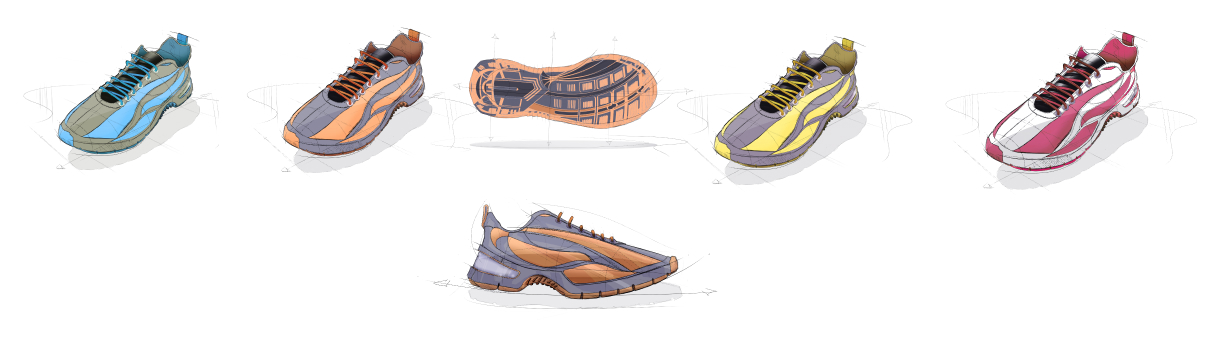 Rendered StepSense shoe studies including side profiles and the sole showing the sensor layout