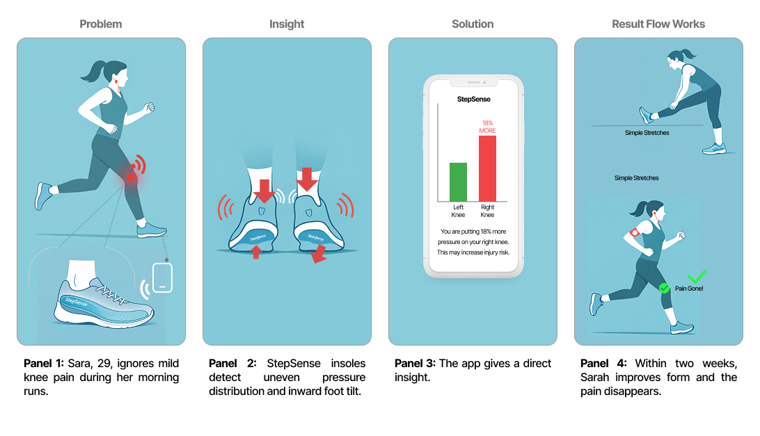 User scenario storyboard, a runner ignores mild knee pain, StepSense insoles detect uneven pressure distribution, the app gives a direct insight, and within two weeks form improves and the pain disappears