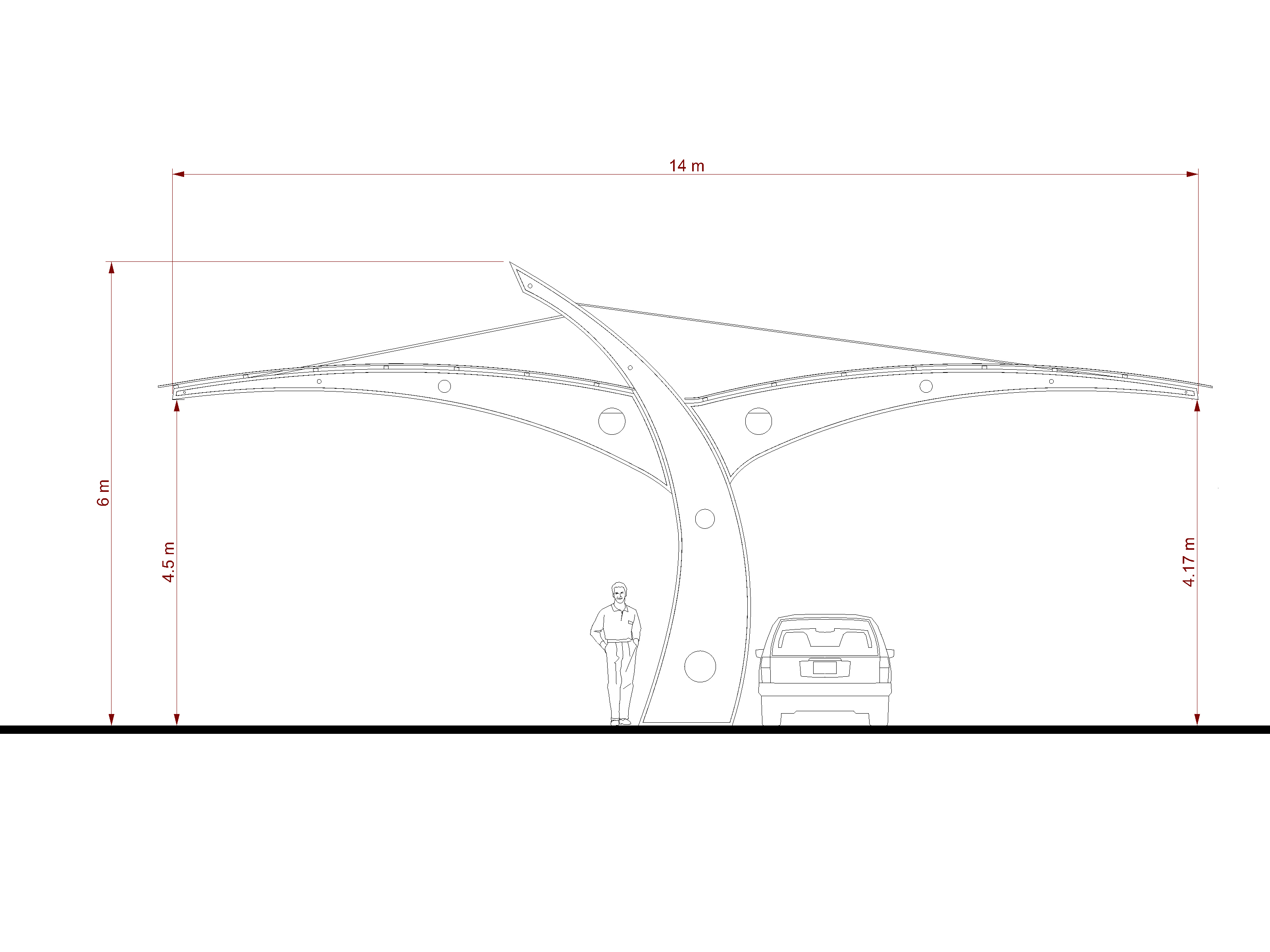 Competition drawing, front elevation, Concept A, with car and human scale