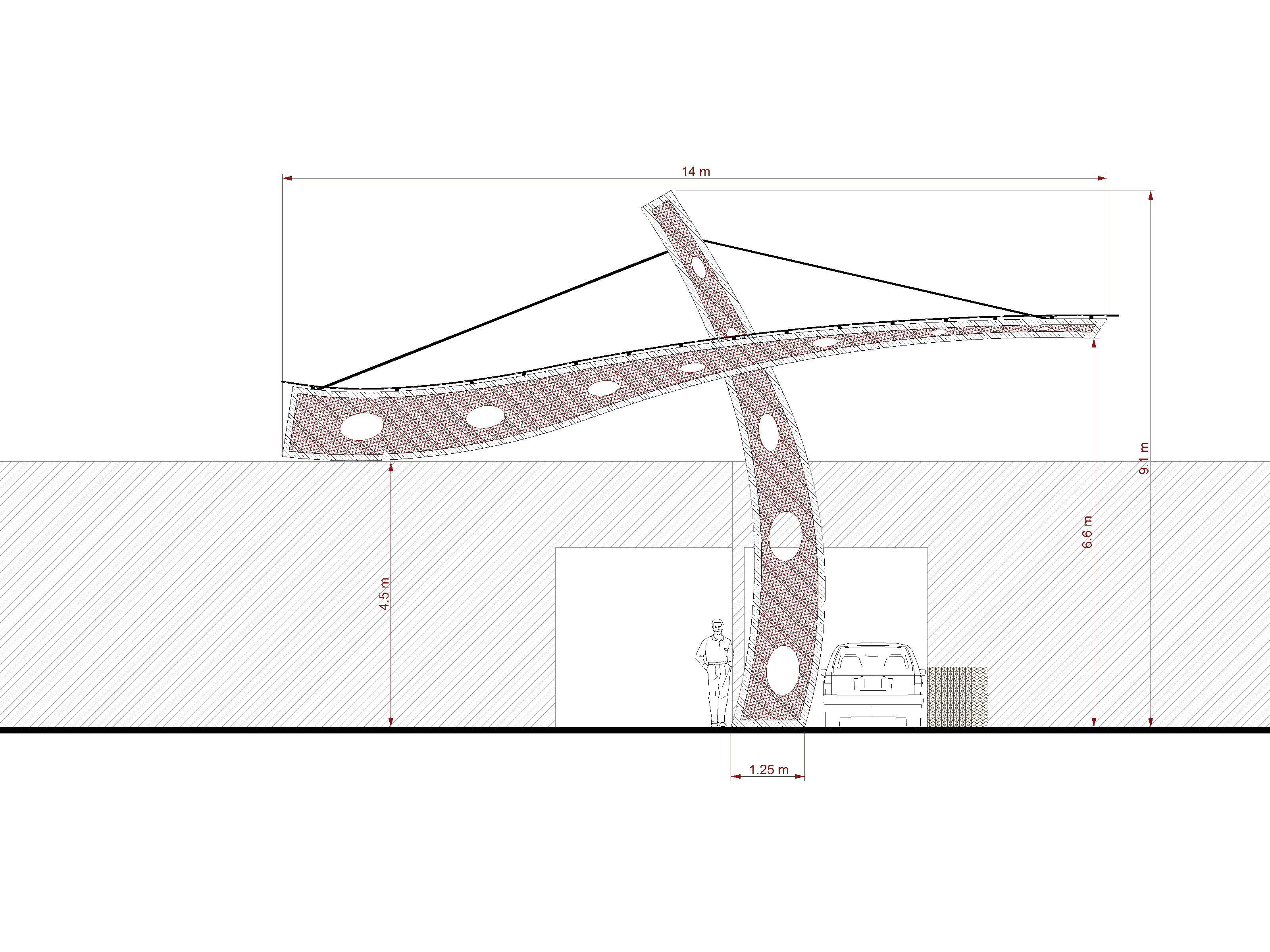 Competition drawing, front elevation, Concept B, with car and human scale