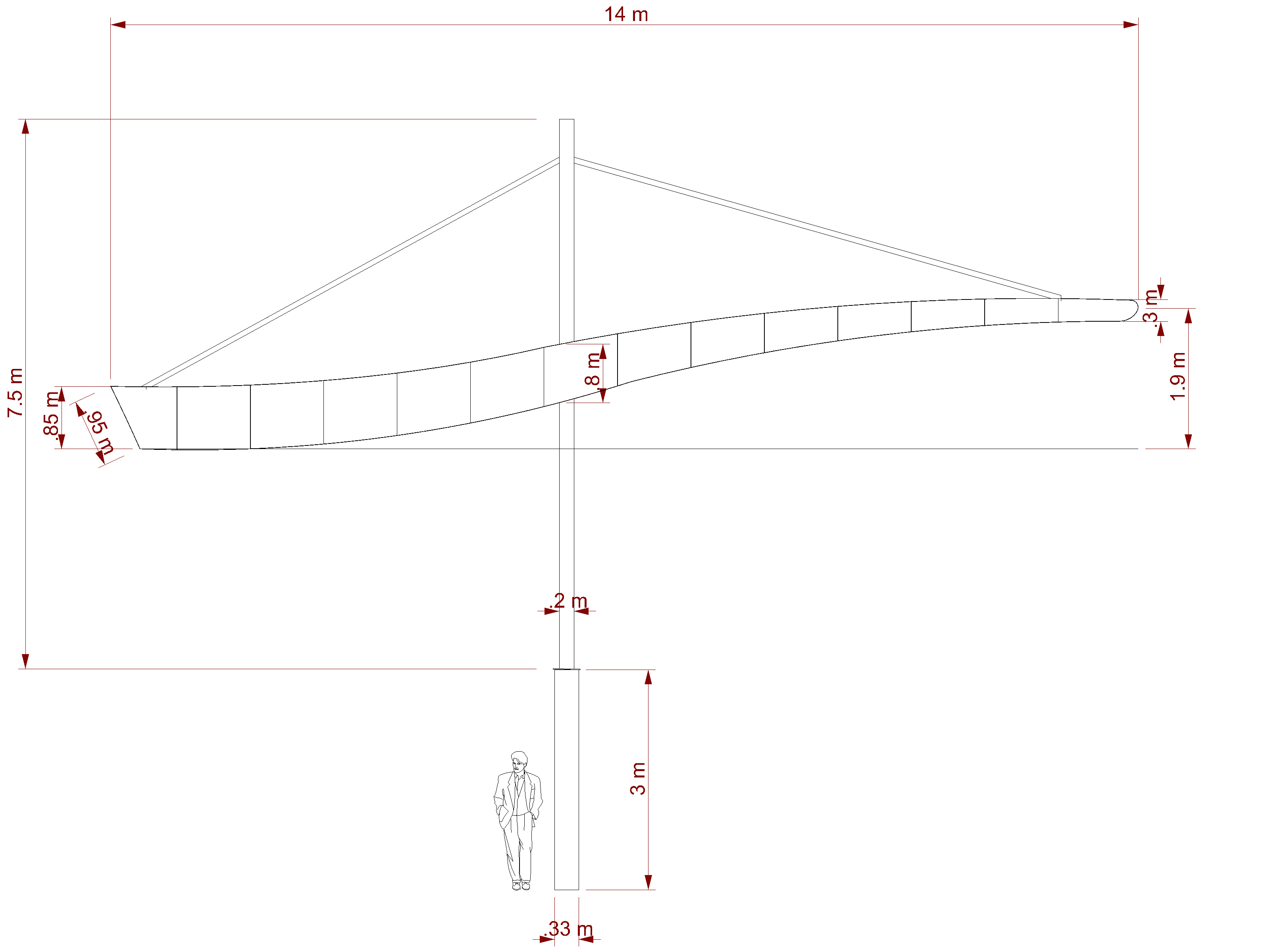 Competition drawing, front elevation, Concept C, with car and human scale