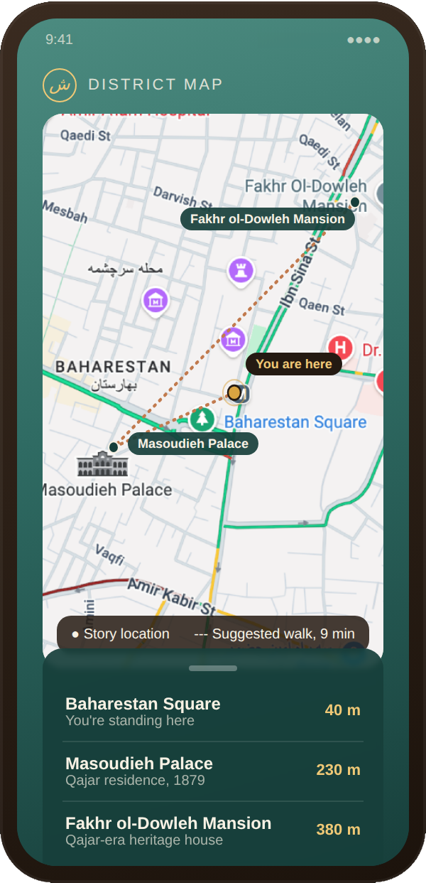 App screen, district map showing nearby story locations
