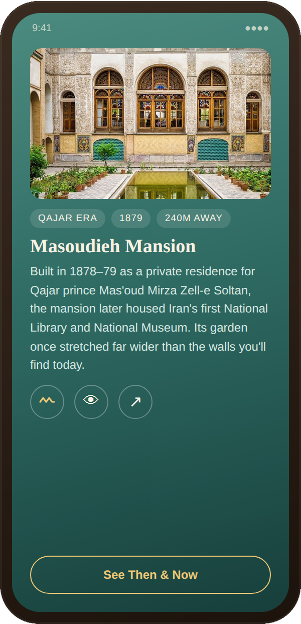 App screen, Masoudieh Mansion story card with history and distance
