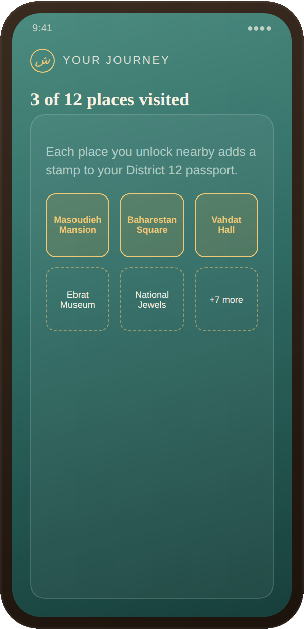 App screen, your journey, 3 of 12 places visited, district passport
