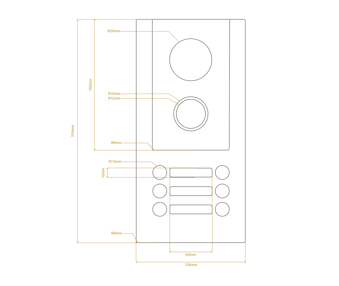 Front elevation, fully dimensioned drawing