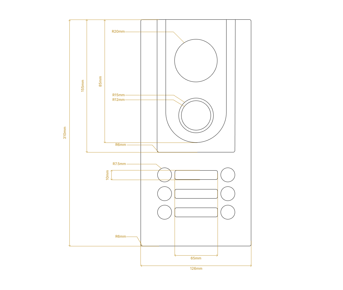 Front elevation, dimensioned drawing, camera zone and button zone outlined