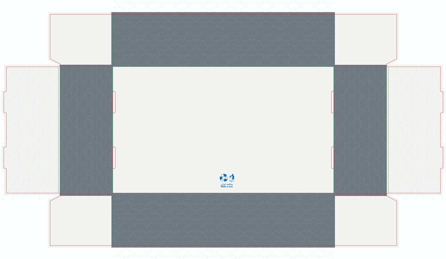 Flat die-line of the Video Door Phone 793 box reverse face, dark textured pattern with recycling and Made in Iran marks