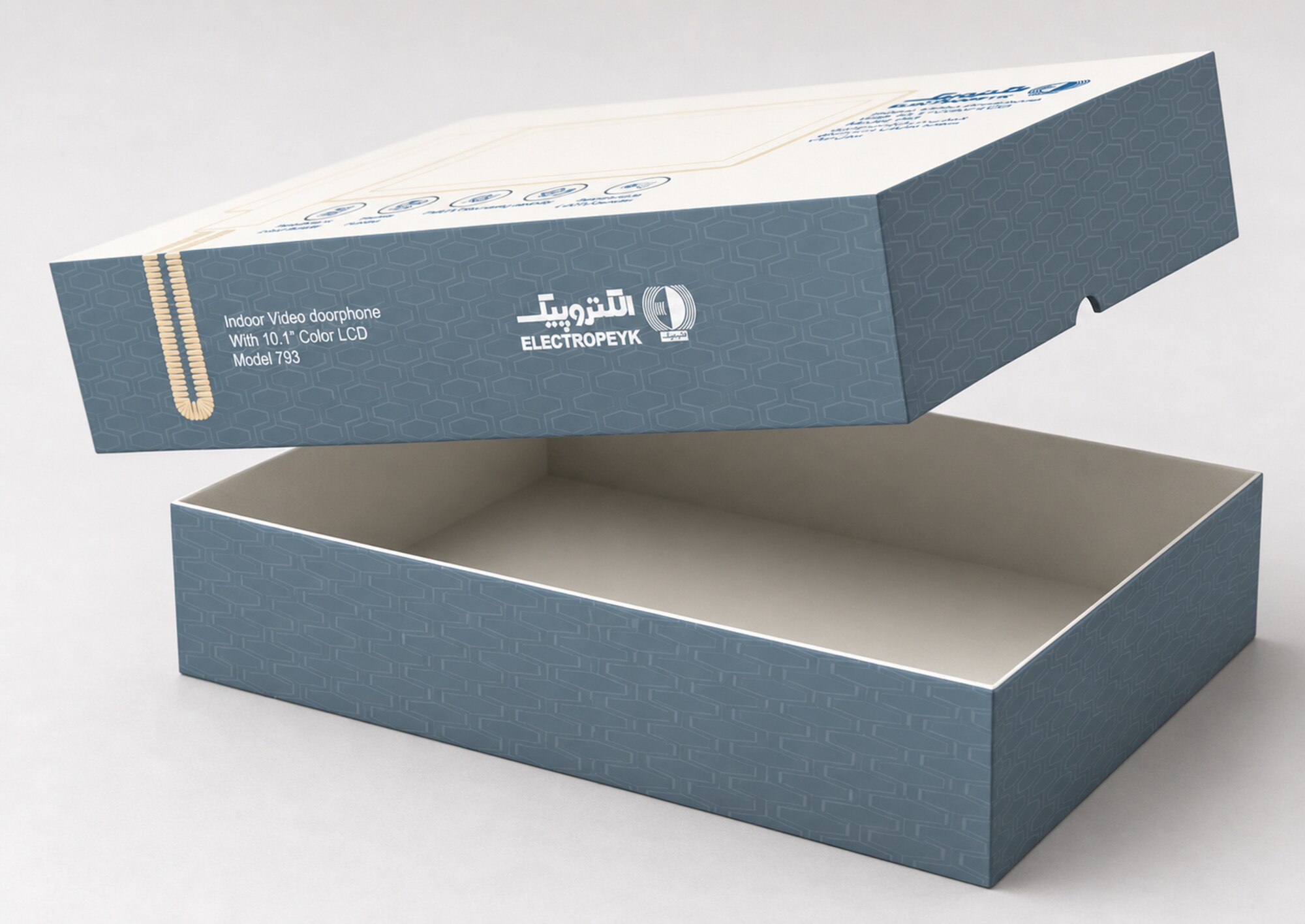 Video Door Phone 793 box shown open, lid lifted off the tray, revealing the empty interior